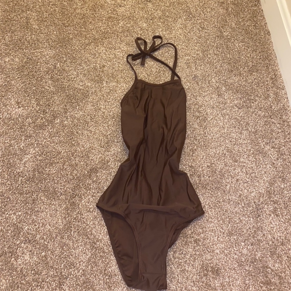 Brown tie halter leotard